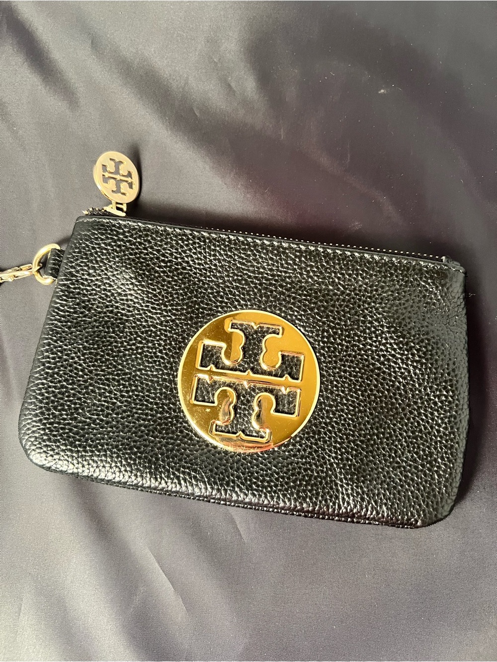 Tory Burch Black Pebble Leather Wristlet with Gold Hardware and Chain 7” Long